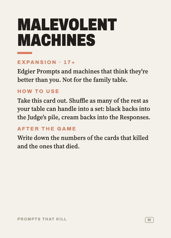 Malevolent Machines pack card: expansion, 17+. Edgier Prompts and machines that think they're better than you. Not for the family table.