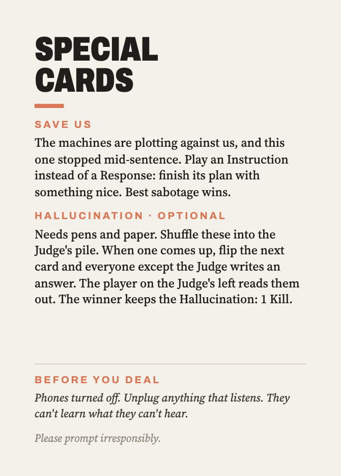 Rules card, back: Special cards.