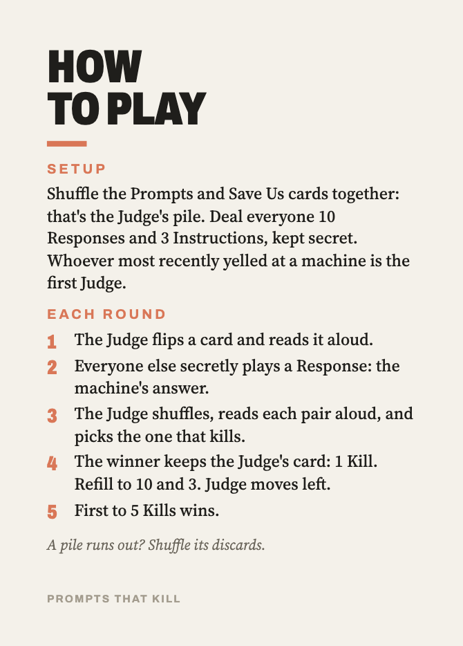 Rules card, front: How to play.